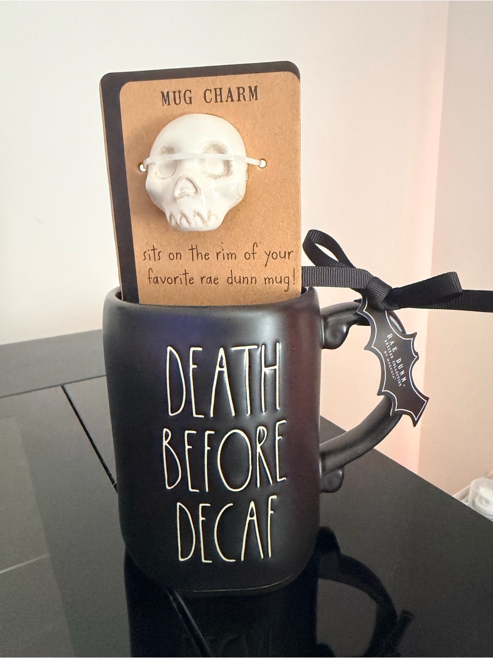 Rae Dunn Death Before Decaf NWT mug with rim charm